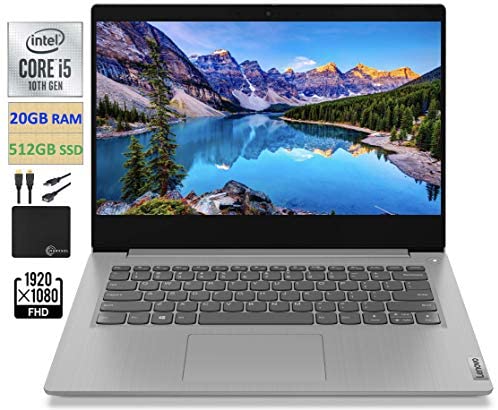 2021 Newest Lenovo IdeaPad 3 14" FHD Screen Laptop Computer, Intel Quad-Core i5-1035G1 Up to 3.6GHz (Beats i7-8550U), 20GB DDR4 RAM, 512GB PCI-e SSD, Webcam, WiFi, HDMI, Windows 10 + Marxsol Cables 1