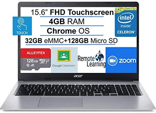 2021 Newest Acer Chromebook 15.6" FHD IPS Touchscreen Laptop, Intel Celeron N4000(up to 2.6GHz), 4GB RAM, 160GB Space(32GB eMMC+128GB Micro SD), Bluetooth, USB-C, Webcam, WiFi, Chrome OS+AllyFlex MP 1