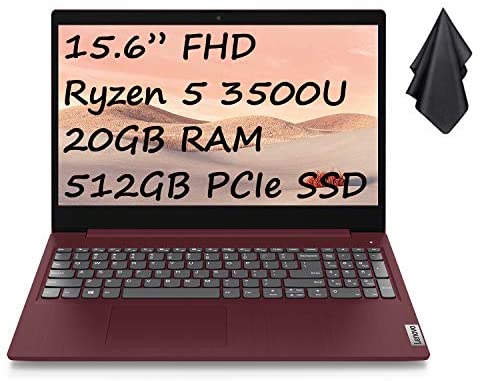 2021 Newest Lenovo IdeaPad 15.6" FHD Business Laptop Computer, Quad-Core AMD Ryzen 5 3500U (Beats i7-8550U), 20GB RAM, 512GB PCIe SSD, AMD Radeon Vega 8, Bluetooth, HDMI, Win 10, Red + Oydisen Cloth 1
