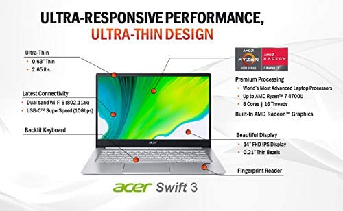 Acer Swift 3 Thin & Light Laptop, 14" Full HD IPS, AMD Ryzen 7 4700U Octa-Core with Radeon Graphics, 8GB LPDDR4, 512GB NVMe SSD, Wi-Fi 6, Backlit KB, Fingerprint Reader, Alexa Built-in, SF314-42-R9YN 2