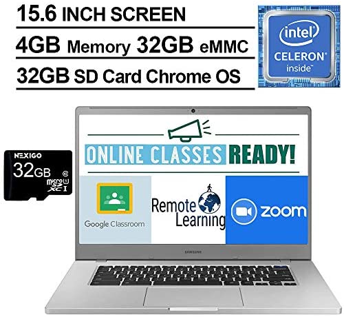 2021 Samsung Chromebook 4+ 15.6 Inch FHD 1080P Laptop, Intel Celeron N4000 up to 2.6 GHz, 4GB LPDDR4 RAM, 32GB eMMC, WiFi, Webcam, Chrome OS + NexiGo 32GB MicroSD Card Bundle 2