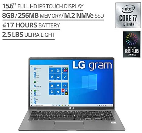 LG gram Laptop 15.6Inch IPS Touchscreen, Intel 10th Gen Core i71065G7 CPU, 8GB RAM, 256GB M.2 NVMe SSD, 17 Hours Battery, Thunderbolt 3 15Z90NR.AAS7U1 2020 2