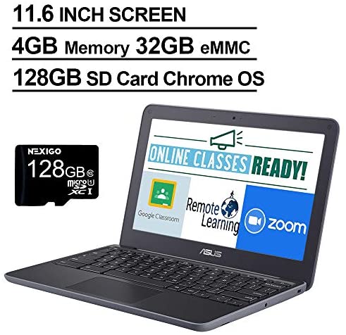 2021 Premium Asus Chromebook 11.6 Inch Laptop with Webcam| MediaTek MT8173C 2.1GHz| 4GB RAM| 32GB eMMC| Bluetooth| WiFi| USB Type-C| Chrome OS + NexiGo 128GB MicroSD Card Bundle 3
