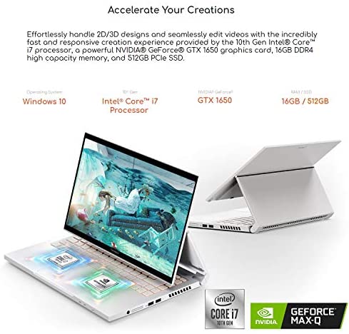 Acer ConceptD 3 Ezel CC314-72G-72SX Convertible Creator Laptop, Intel i7-10750H, GeForce GTX 1650 Max-Q, 14" FHD, Gorilla Glass, Pantone Validated, 100% sRGB, 16GB, 512GB NVMe SSD, Wacom AES 1.0 Pen 2