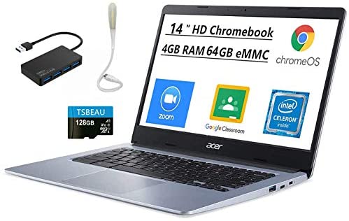 Acer Chromebook 314 Laptop, 14" HD Display, Intel Celeron N4000, Intel UHD Graphics 600, 4GB Memory, 64GB eMMC, Chrome OS, Bundled with TSBEAU 128GB Micro SD Card & 4 Port USB 3.0 Hub & USB Light 1