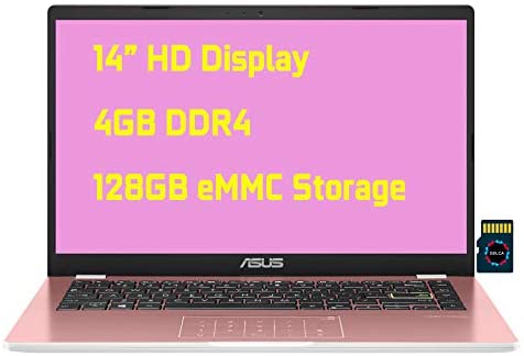 Asus Vivobook E410 Thin and Light Laptop I 14” HD Display I Intel Celeron N4020 Processor I 4GB DDR4 128GB eMMC I Intel HD Graphics 600 I HDMI USB-C Wifi5 Win10 (Pink) + Delca 32GB MicroSD Card 1