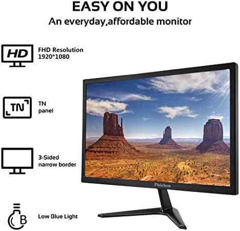 Computer Monitor, Pisichen 22 Inch PC Monitor HD 1920x1080, Monitor with HDMI & VGA Interface, 5ms, 75Hz, Brightness 250 cd/m², Computer Screen for Laptop/PS3/PS4, Built-in Speakers 3