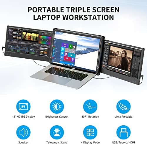 P2 Triple Portable Monitor for Laptop Screen Extender Dual Monitor Extender 12 Inch FHD 1080P IPS Display Extender USB-A/Type-C/HDMI/Speakers for 13-16 Inch Notebook Computer Mac Windows Phone 2