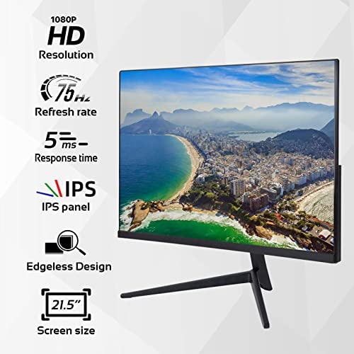 PC Monitor, 21.5-Inch Full HD Monitor 1920 x 1080P IPS Computer Screen, Frameless, 75Hz, 5ms, VGA & HDMI Ports, Gaming Monitor for Laptop/Xbox/PS3/PS4, ZFTVNIE 2