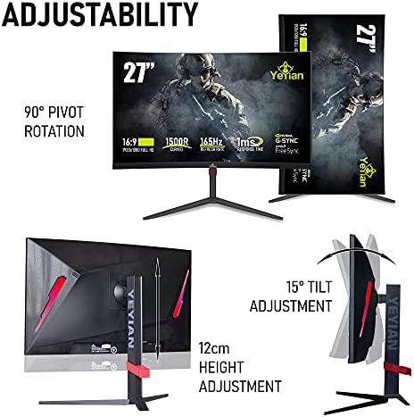 YEYIAN Sigurd 3001 27” Curved PC Gaming Frameless LED Multistand Monitor, 1080P HD, 165Hz, 1ms, 3000:1, 16:9, 178°, 16.7M Colors, G-Sync, FreeSync, DP/DVI/HDMI, Speaker, Tilt/Height/Pivot Adjustable 4