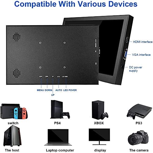 Portable Monitor, Pisichen 10.1 inch Ultra HD 1366x768 LED Mini Monitor, HDMI&VGA Interfaces, Metal Case Black, Small HDMI Monitor for Laptop PS3 PS4 Xbox Ones 4