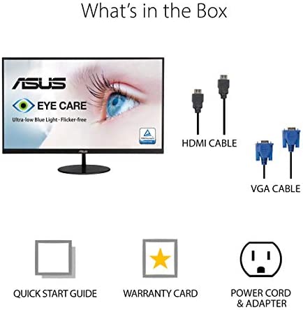 ASUS VL249HE 23.8” Eye Care Monitor, 1080P Full HD, 75Hz, IPS, Adaptive-Sync/FreeSync, Eye Care, HDMI VGA, Frameless Slim Design, VESA Wall Mountable 8