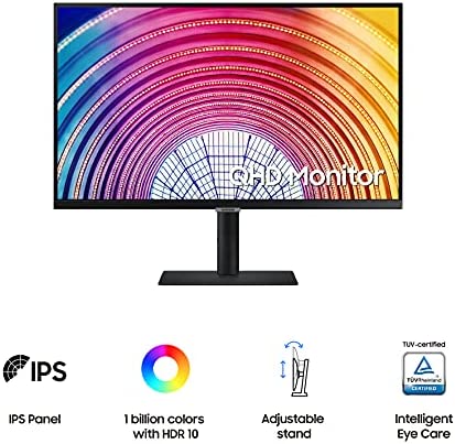 SAMSUNG S60A Series 27-Inch WQHD (2560x1440) Computer Monitor, 75Hz, IPS Panel, HDMI, HDR10 (1 Billion Colors), Height Adjustable Stand, TUV-Certified Intelligent Eye Care (LS27A600NWNXGO) (Renewed) 2