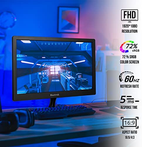 15.6 inch PC Monitor Bnztruk FHD 1080p Computer Monitor with HDMI VGA Interface for PC Laptop Raspberry pi PS3 PS4 Xbox Win OS,Built in Speakers, 60HZ,16:9 Color Screen External Display 3