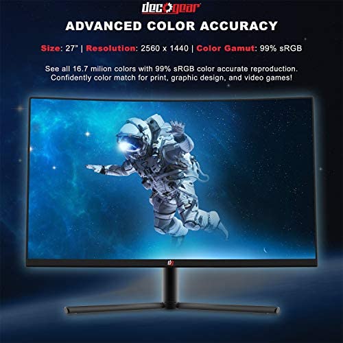 Deco Gear 27-Inch 2560x1440 HDR 400 Color Accurate Curved Gaming Monitor, VA Panel, 16:9 Aspect Ratio, 3000:1 Contrast Ratio, 99% sRGB, 85% NTSC, 90% DCI-P3, 83% Adobe RGB, 144Hz Refresh Rate 2