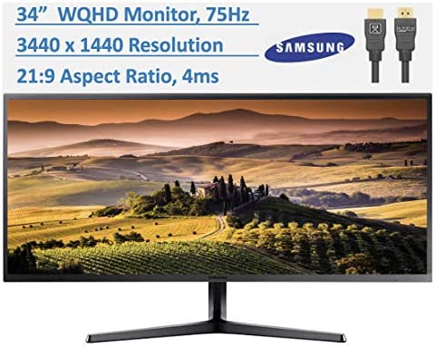 Newest Samsung 34” Ultrawide Gaming Monitor WQHD (3440 x 1440) PC Computer for Business Student, VESA Mounting, FreeSync, Split Screen, 75 Hz, 4ms, 21:9 Aspect Ratio, 178°, w/HubXcel HDMI Cable 1